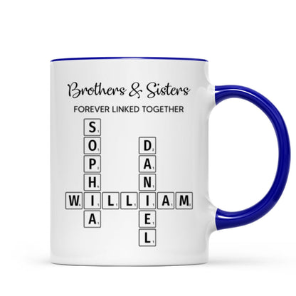 Brothers & Sisters Forever Linked Together Crossword Puzzle Art Personalized Mug, Gift For Brothers, Sisters, Siblings, Family