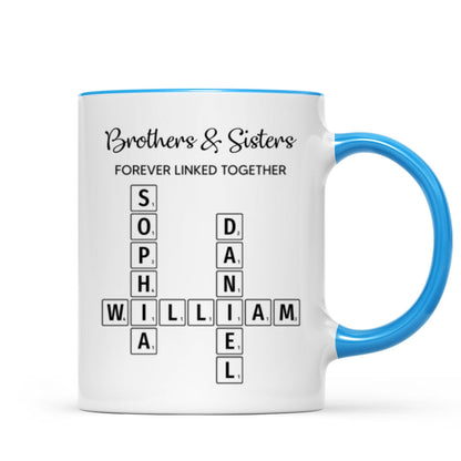 Brothers & Sisters Forever Linked Together Crossword Puzzle Art Personalized Mug, Gift For Brothers, Sisters, Siblings, Family