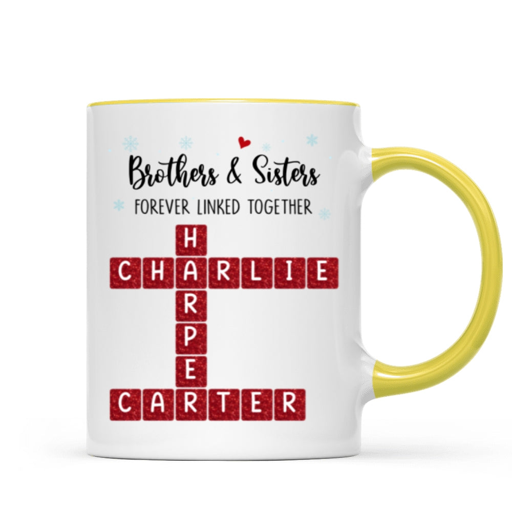 Brothers And Sisters Forever Linked Together Festive Theme Crossword Puzzle Art - Personalized Mug - Gift For Siblings, Family