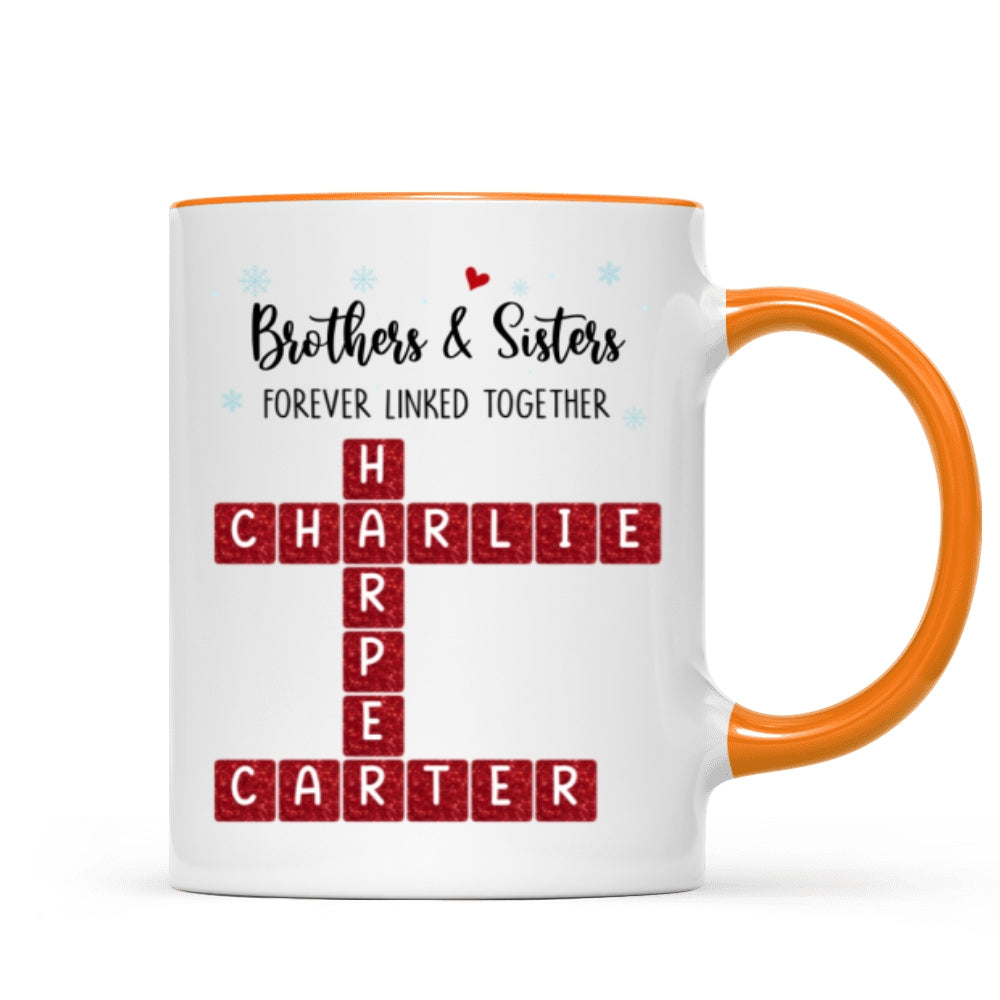 Brothers And Sisters Forever Linked Together Festive Theme Crossword Puzzle Art - Personalized Mug - Gift For Siblings, Family