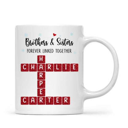 Brothers And Sisters Forever Linked Together Festive Theme Crossword Puzzle Art - Personalized Mug - Gift For Siblings, Family