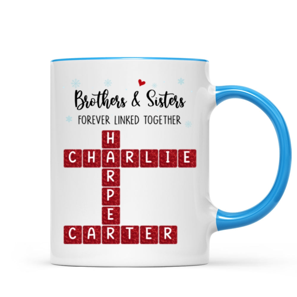 Brothers And Sisters Forever Linked Together Festive Theme Crossword Puzzle Art - Personalized Mug - Gift For Siblings, Family