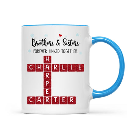 Brothers And Sisters Forever Linked Together Festive Theme Crossword Puzzle Art - Personalized Mug - Gift For Siblings, Family
