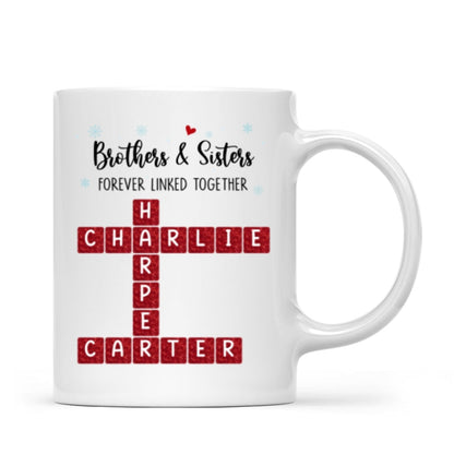 Brothers And Sisters Forever Linked Together Festive Theme Crossword Puzzle Art - Personalized Mug - Gift For Siblings, Family