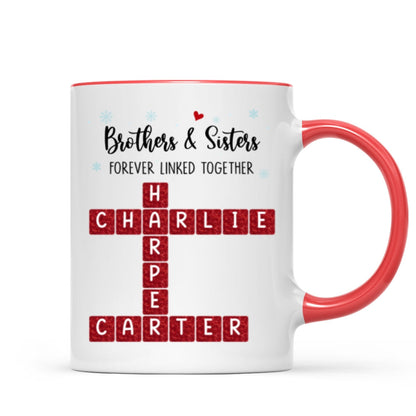 Brothers And Sisters Forever Linked Together Festive Theme Crossword Puzzle Art - Personalized Mug - Gift For Siblings, Family