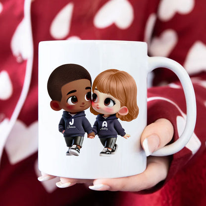 3D Effect Cute Cartoon Couple Holding Hands Personalized Mug, Anniversary & Gift for him, Gift for her