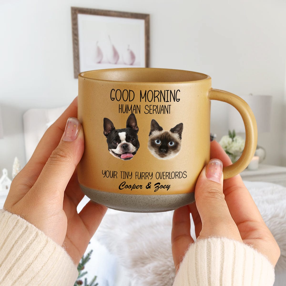 Custom Photo Good Morning Human Servant Dog Cat Pottery Mug TH10 892091