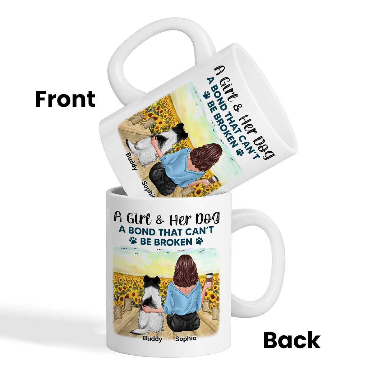 Girl & Dogs Bond Can't Be Broken Sunflower Field Personalized Mug