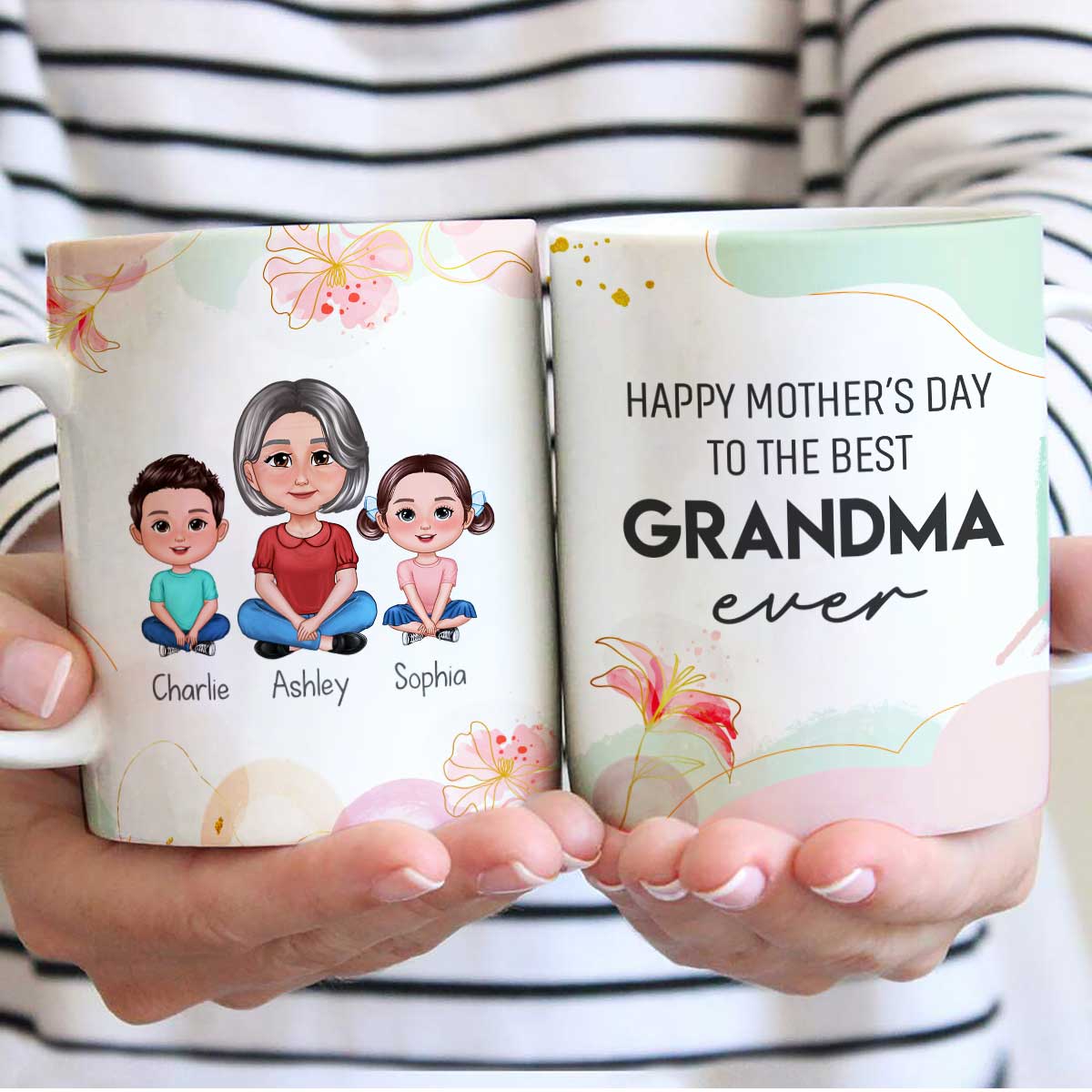 Happy Mother's Day Best Grandma Ever Pretty Woman & Kids Watercolor Abstract Personalized Mug