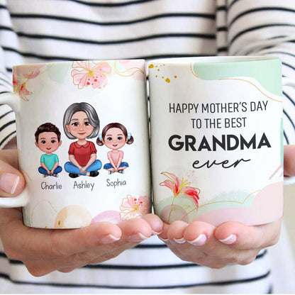 Happy Mother's Day Best Grandma Ever Pretty Woman & Kids Watercolor Abstract Personalized Mug