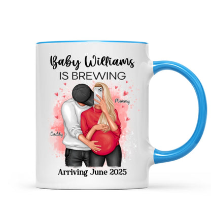 Baby Is Brewing Pregnancy Hugging Couple Personalized Mug Expecting Mom Gift, Expecting Parents Gift, Gift