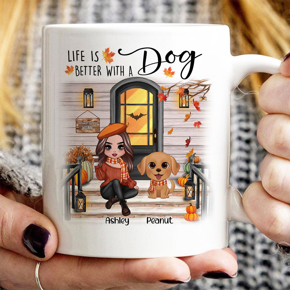 Fall Season Front Porch Doll Woman Sitting With Watercolor Cute Dogs Personalized Mug