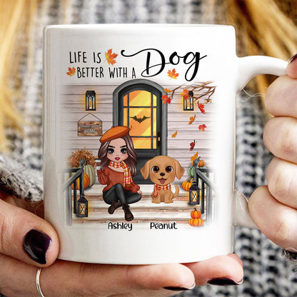 Fall Season Front Porch Doll Woman Sitting With Watercolor Cute Dogs Personalized Mug