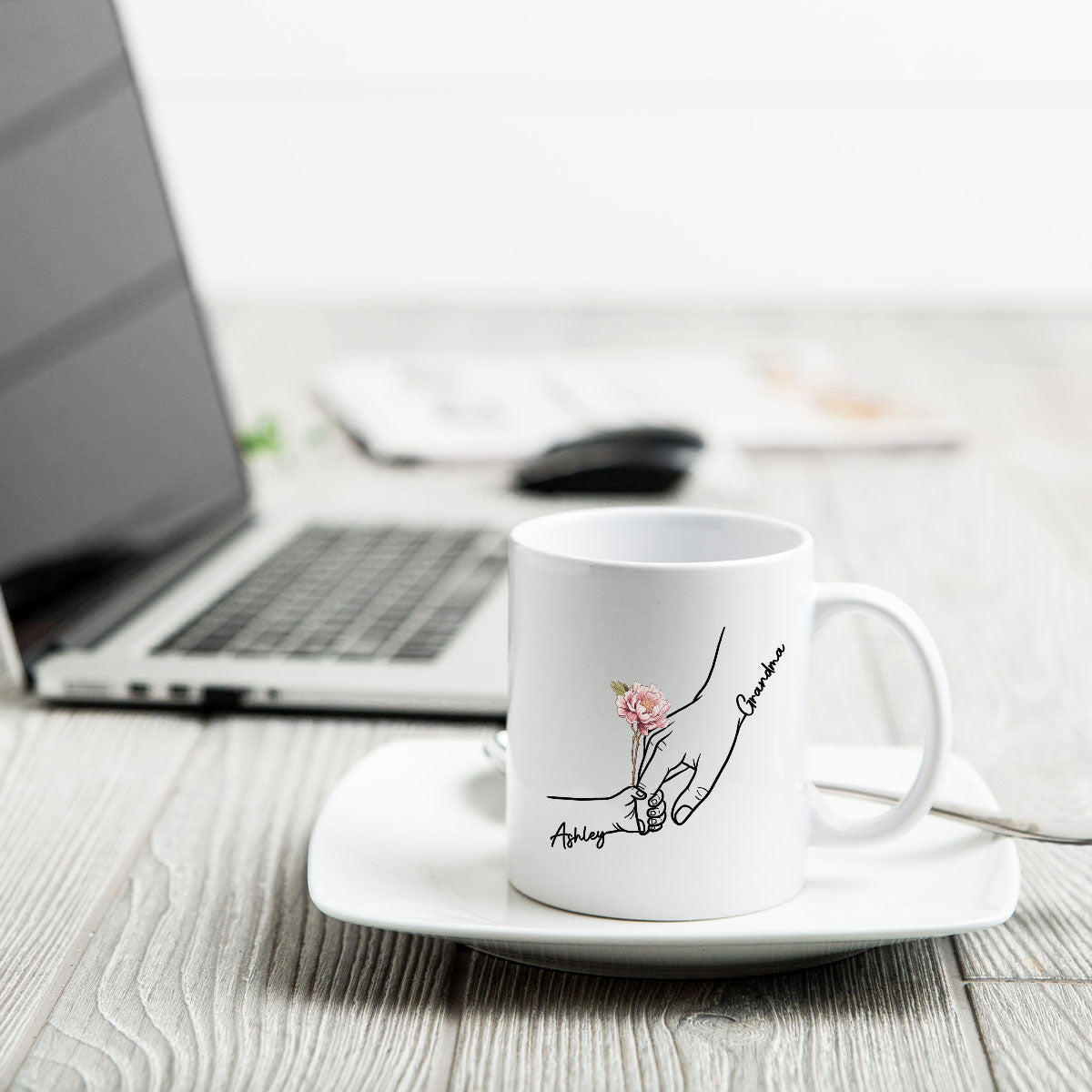 Kids Holding Grandma Mom Hand Birth Month Flowers Personalized Mug
