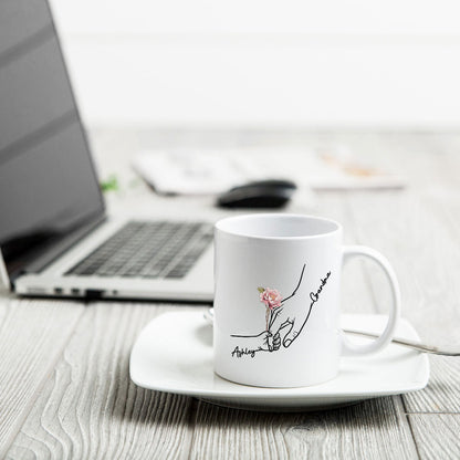 Kids Holding Grandma Mom Hand Birth Month Flowers Personalized Mug