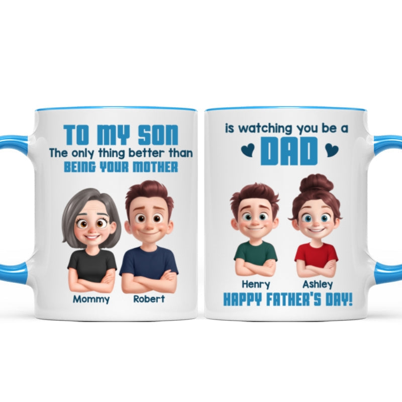 From Mom To Son Watching You Be A Dad Cartoon Style Personalized Mug, Father's Day Gift For Son