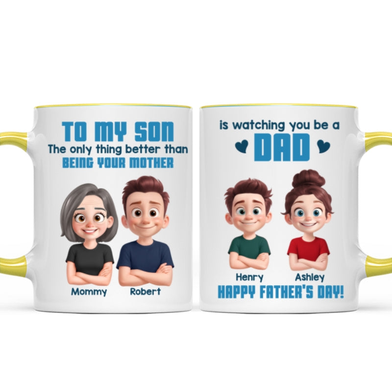 From Mom To Son Watching You Be A Dad Cartoon Style Personalized Mug, Father's Day Gift For Son