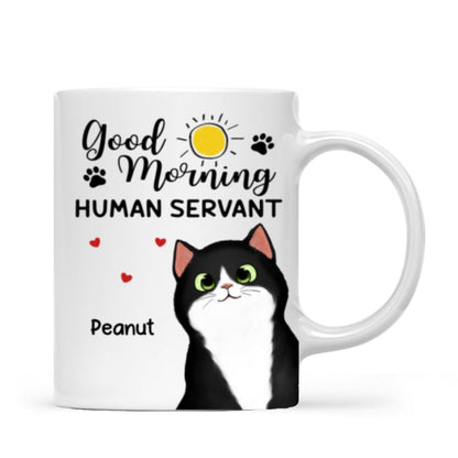Good Morning Human Servant Cute Peeking Fluffy Cat Personalized Mug