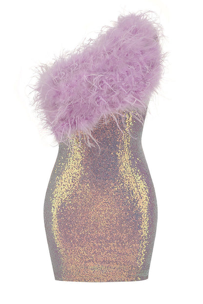 Iridescent Sequin One Shoulder Feather Trim Party Midi Dress - Lilac