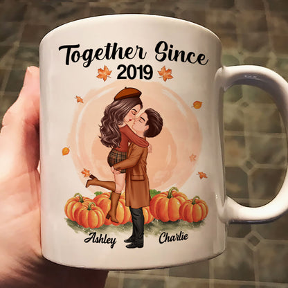 Fall Season Doll Couple Kissing Hugging In Pumpkin Patch Personalized Mug
