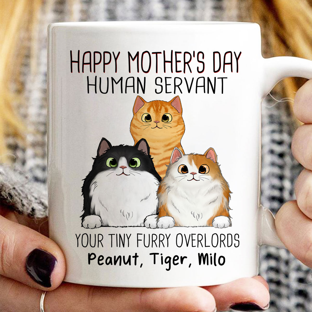 Happy Mother's Day Cat Human Servant Peeking Fluffy Cats Personalized Mug
