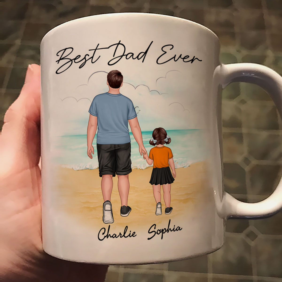 Beach Landscape Best Dad Ever Dad And Son Daughter Walking Personalized Mug
