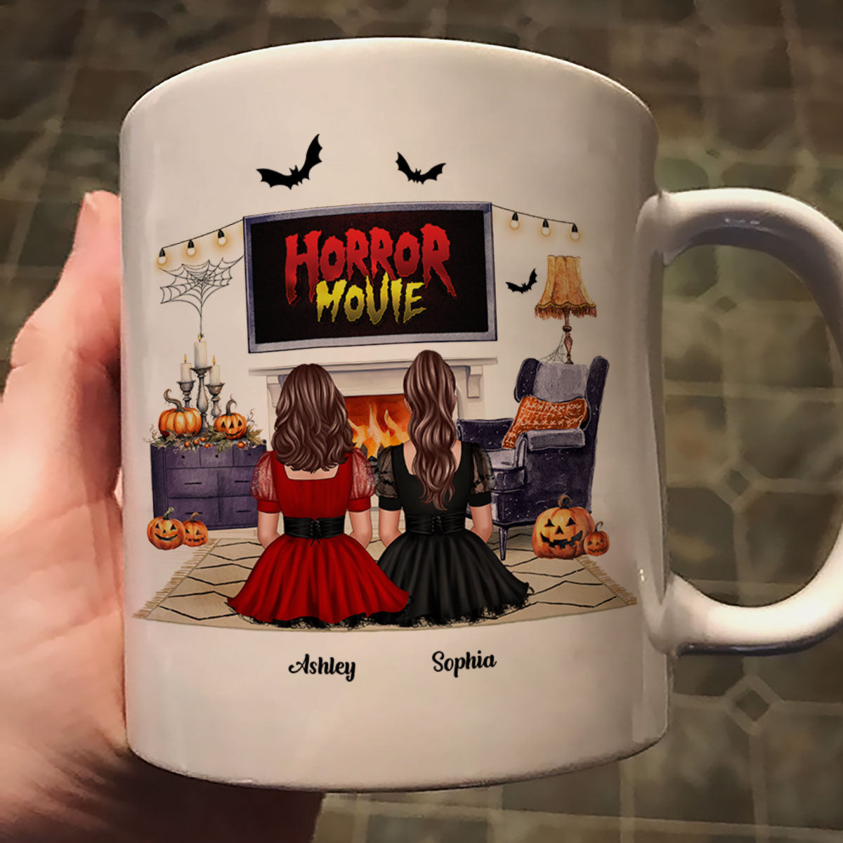 Halloween Besties Sisters Watching Horror Movie Personalized Mug