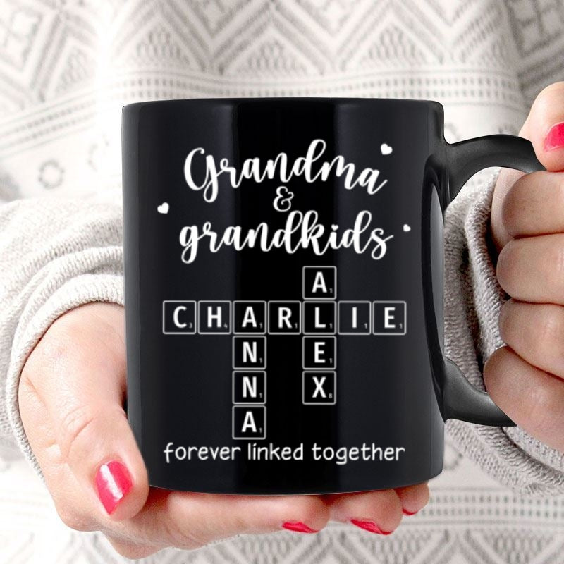 Grandma Grandpa & Grandkids Forever Linked Together Crossword Puzzle Personalized Mug