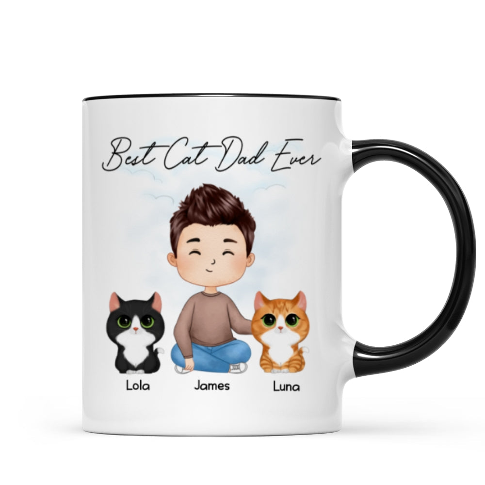 Doll Man Sitting With Cats Watercolor Style Best Cat Dad Ever Personalized Mug