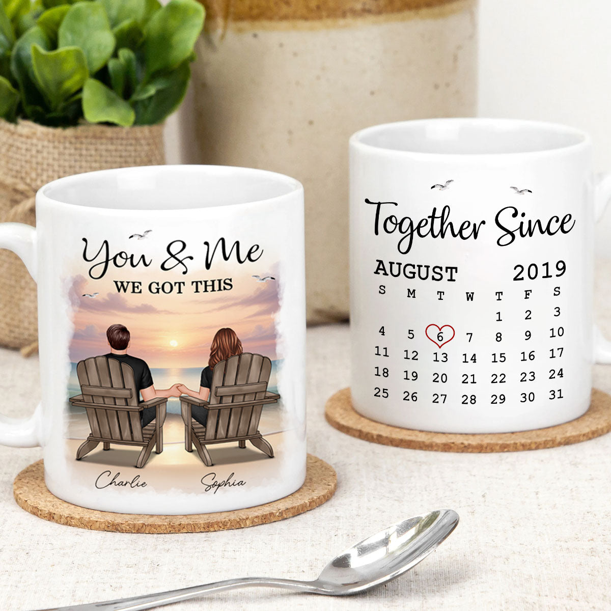 Eternal Sunset Beach Couple Back View Anniversary Calendar Personalized Mug, Gift, Anniversary Gift For Him, For Her