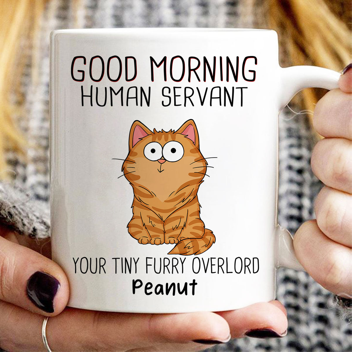 Good Morning Human Servant Funny Cat Expressions Personalized Mug