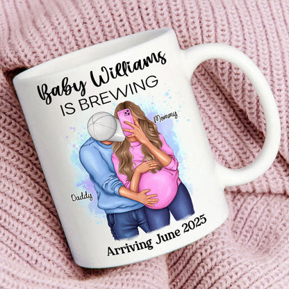 Baby Is Brewing Pregnancy Hugging Couple Personalized Mug Expecting Mom Gift, Expecting Parents Gift, Gift