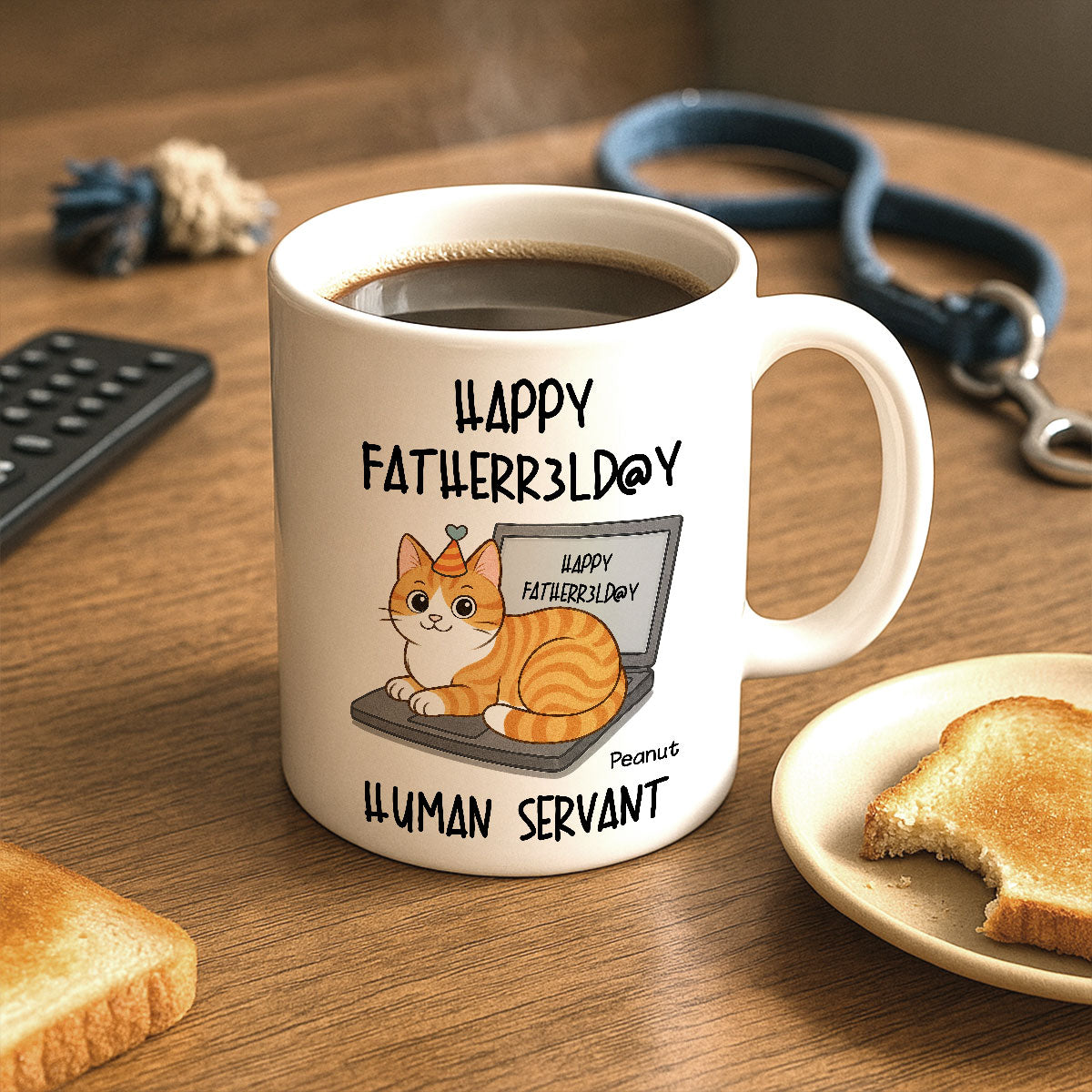 Good Morning Happy Father's Day Human Servant Funny Cats Sitting On Laptop Personalized Mug