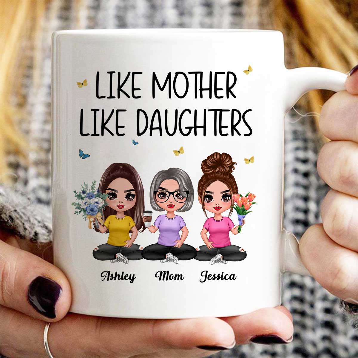 Mother Daughter Doll Sitting Flowers Mother's Day Gift Personalized Mug