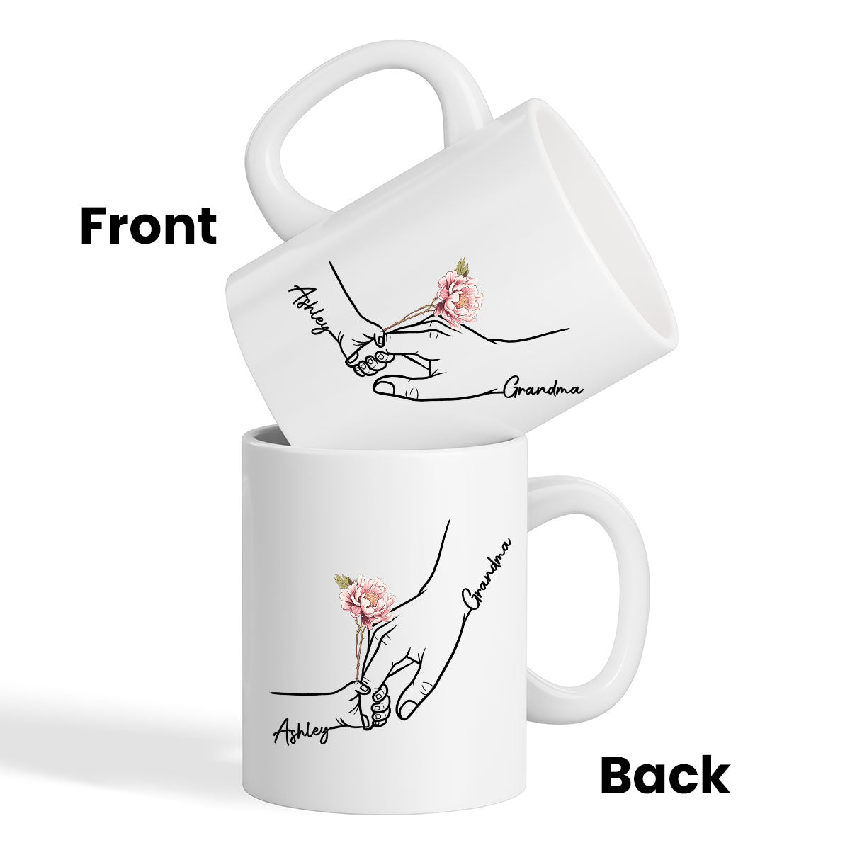Kids Holding Grandma Mom Hand Birth Month Flowers Personalized Mug