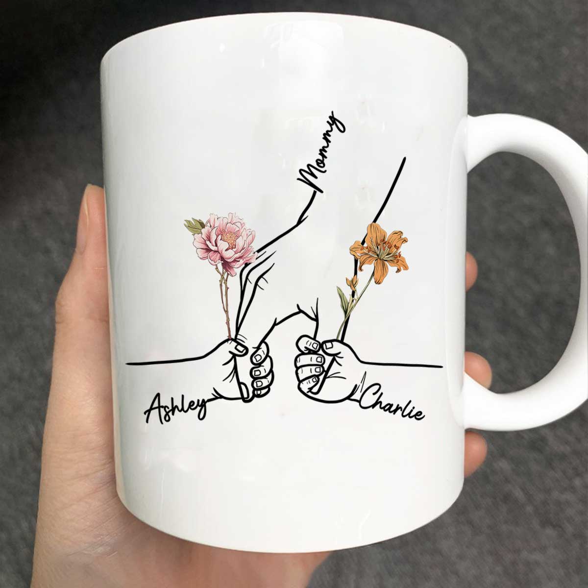 Kids Holding Grandma Mom Hand Birth Month Flowers Personalized Mug