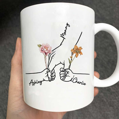 Kids Holding Grandma Mom Hand Birth Month Flowers Personalized Mug