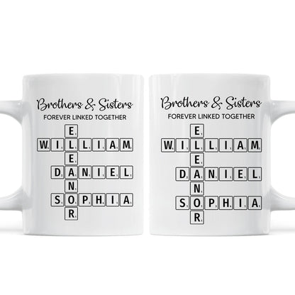 Brothers & Sisters Forever Linked Together Crossword Puzzle Art Personalized Mug, Gift For Brothers, Sisters, Siblings, Family