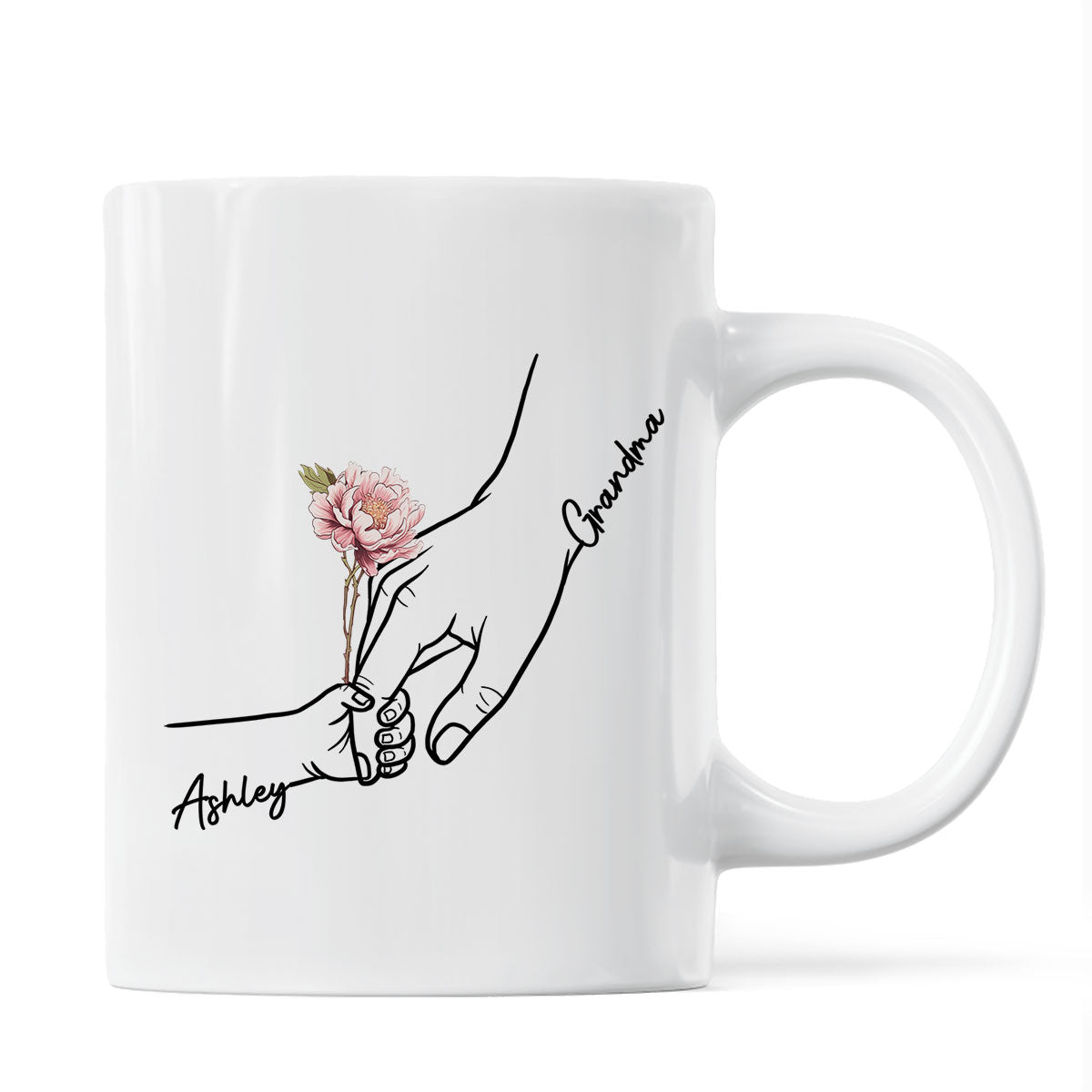 Kids Holding Grandma Mom Hand Birth Month Flowers Personalized Mug