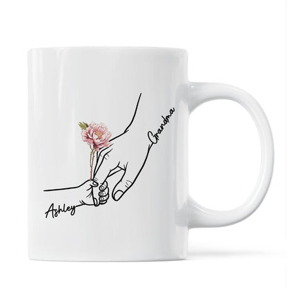 Kids Holding Grandma Mom Hand Birth Month Flowers Personalized Mug