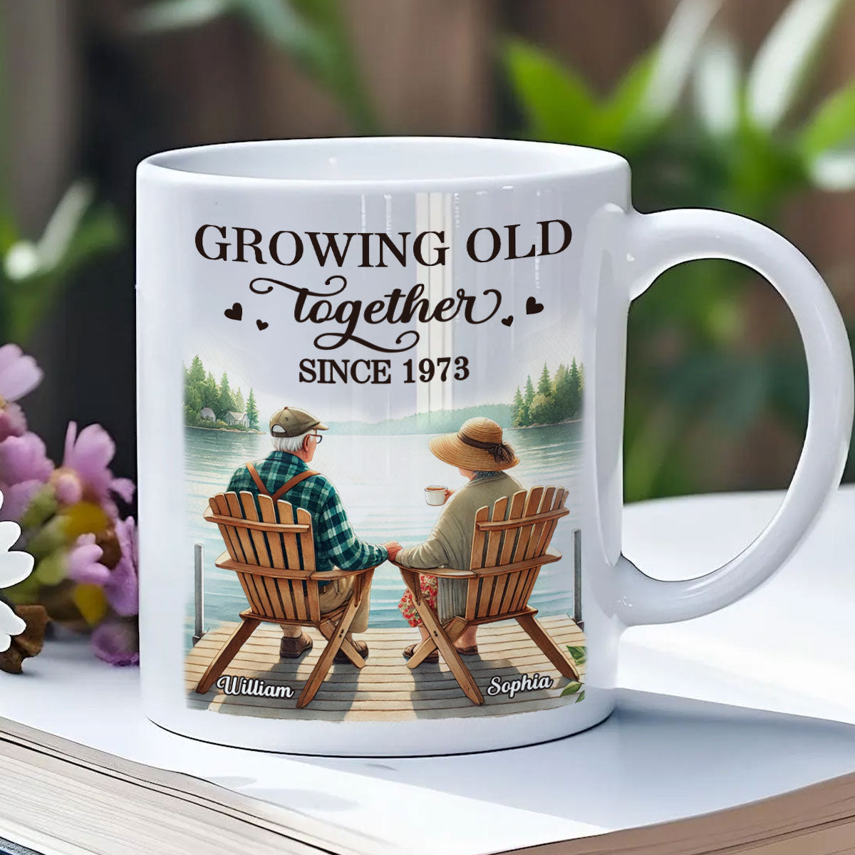 Back View Old Couple Sitting Together On The Lake Dock Personalized Mug, Heartfelt Gift For Him, For Her, Husband, Wife