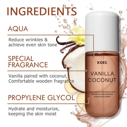 Koec Vanilla Coconut Body & Hair Fragrance Mist Long-Lasting, Sweet Scent For Skin & Hair