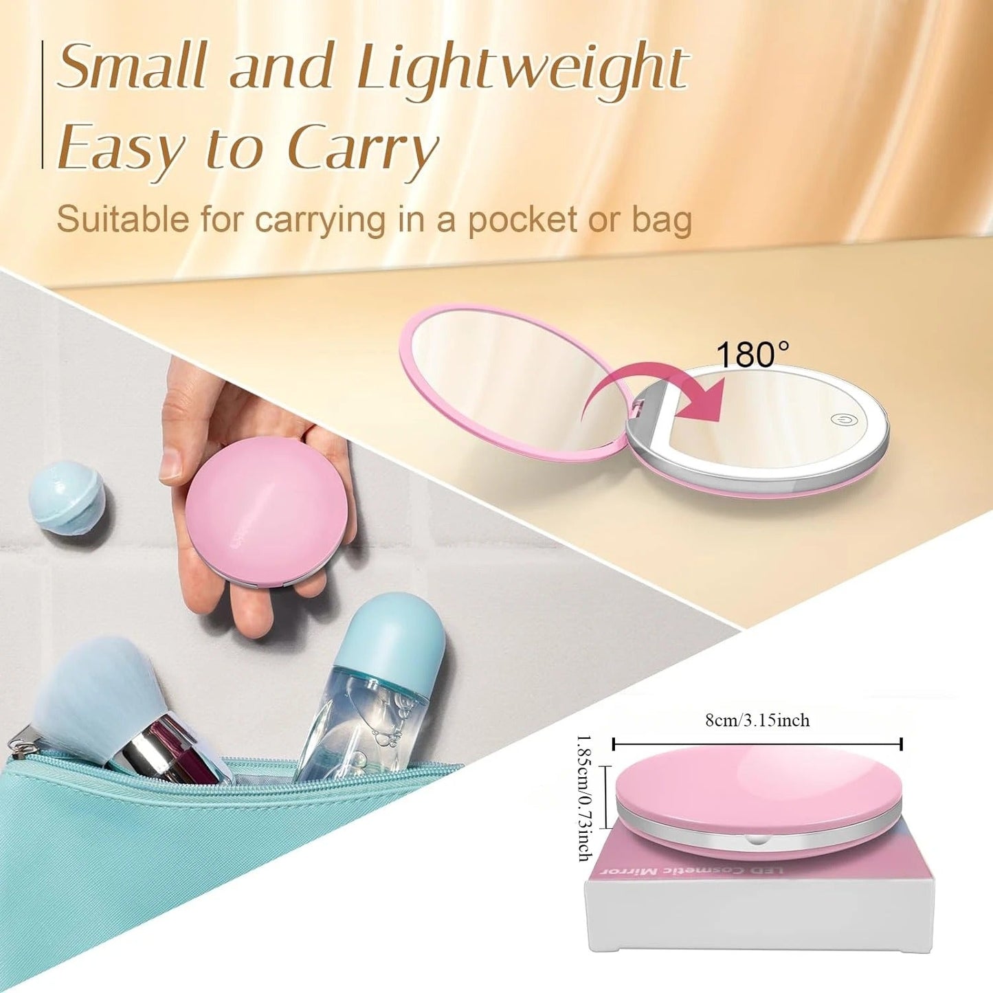 Travel-Friendly Led Makeup Mirror, 1X/10X Magnification, Compact & Usb Rechargeable