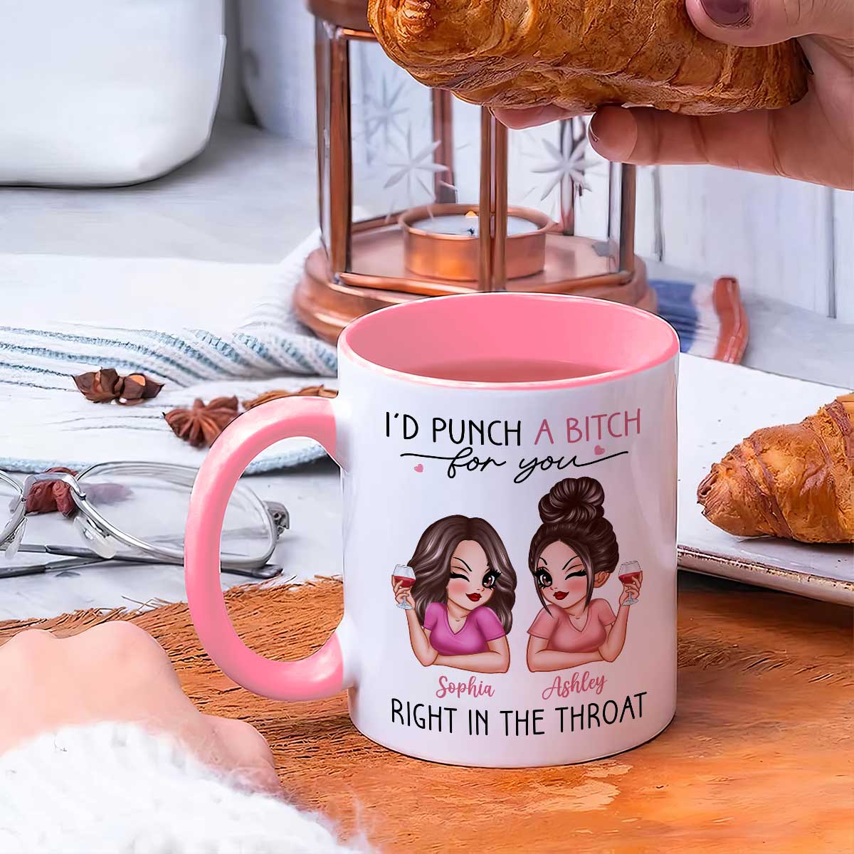 I'd Punch A Bitch For You Sassy Besties Personalized Mug, Funny Galentine's Day Gift For Best Friends, BFF