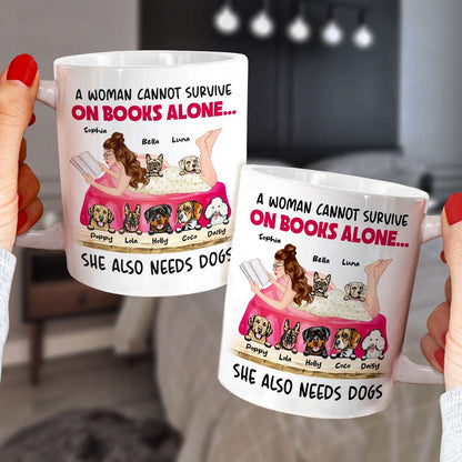 A Woman Cannot Survive On Books Alone, Girl Reading Book Dog White Mug
