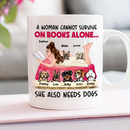 A Woman Cannot Survive On Books Alone, Girl Reading Book Dog White Mug