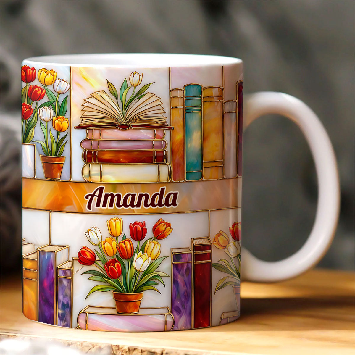 Colorful Books & Tulips In Bloom - Personalized White Edge-to-Edge Mug - Gift For Her, Book Lovers HH01