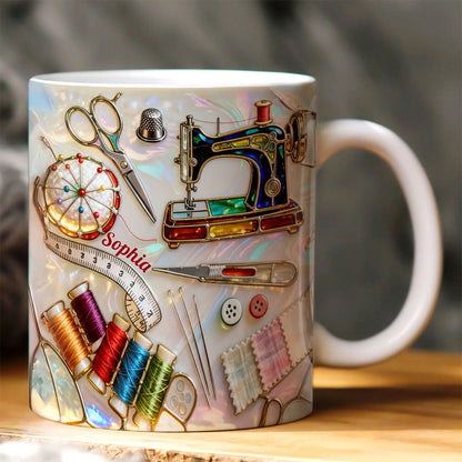 Love Sewing Stained Glass - Personalized White Edge-to-Edge Mug - Gift For Her HH01