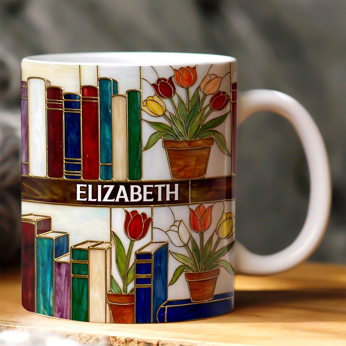 Daydreaming About Books & Tulips - Personalized White Edge-to-Edge Mug - Gift For Her, Book Lovers HH01