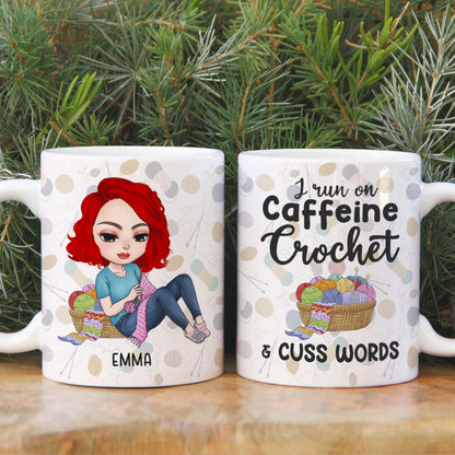 I Run On Caffeine Crochet And Cuss Words Personalized Crochet White Mug, Gift For Crochet Lovers